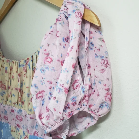 Floral Chiffon Multi-Color Square Neck Puff Sleeve Maxi Dress - Picture 7 of 16